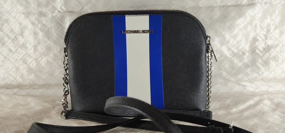 Michael Kors Jet Set Travel Dome Crossbody Black Saffiano Blue White Striperipe